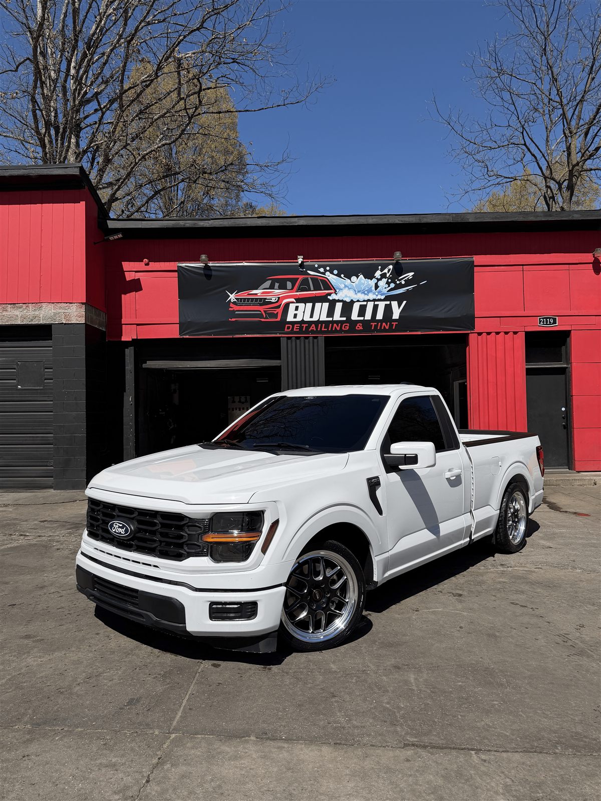 Ford F-150 outside the Bullcity Detailing & Tint shop in Durham NC